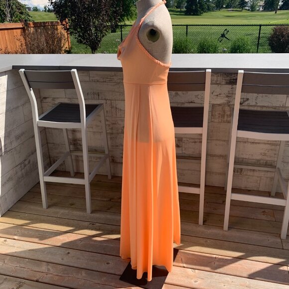 Vintage 70s Tangerine Peach Cowl Neck Wrap Halter Maxi Dress Prom Gown - Picture 5 of 16